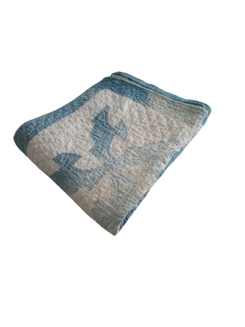 Drunkards Path Handmade Patchwork Quilt Blue White Faded Damaged Full Size